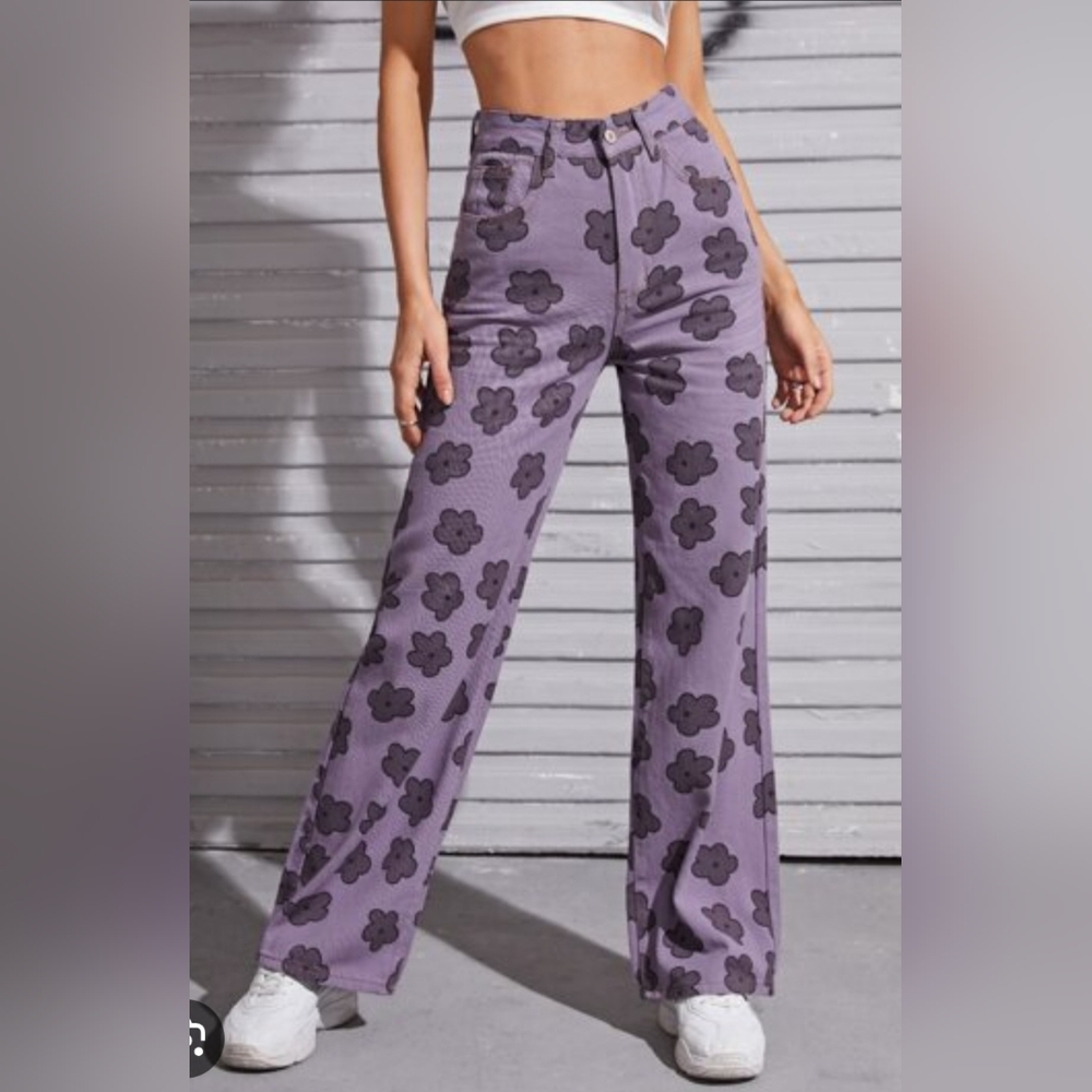 SHEIN Purple Floral Wide Leg Jeans - Picture 2 of 8